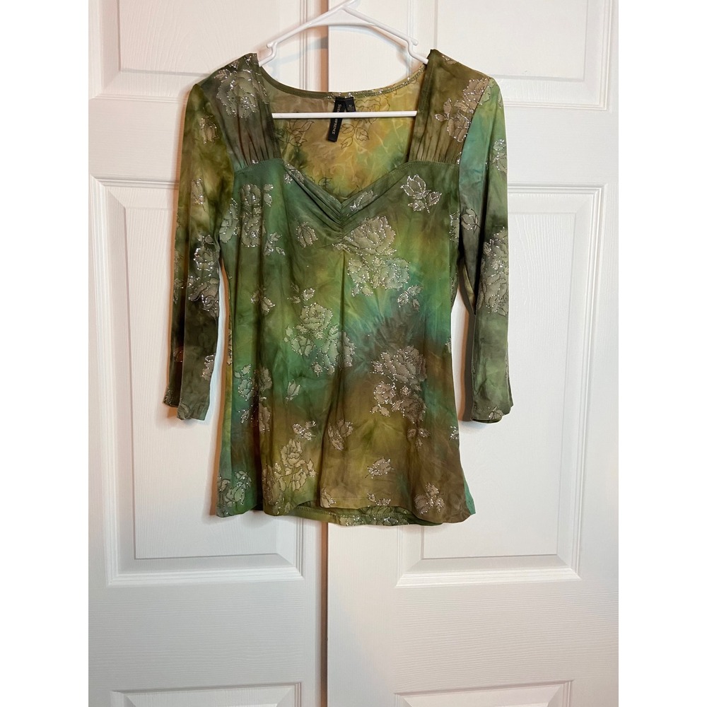 Y2K Susan Lawrence Green Forest Fairy Floral Metallic Embellished Top USA
